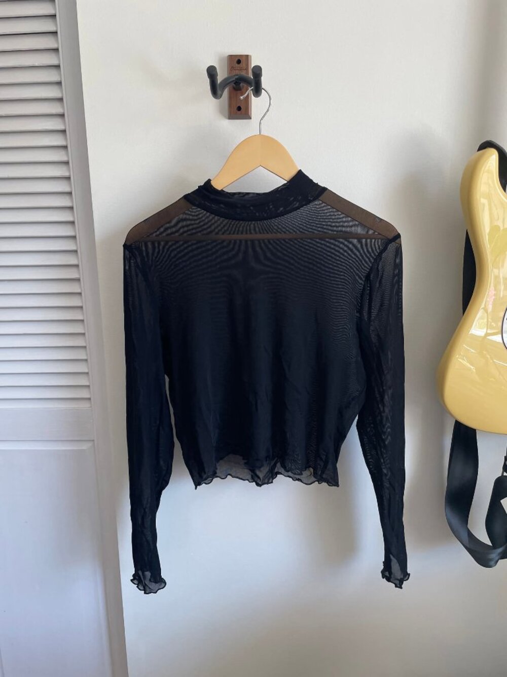 Black Mesh See Through Mock Neck Long Sleeve Top Lettuce Edge Hem